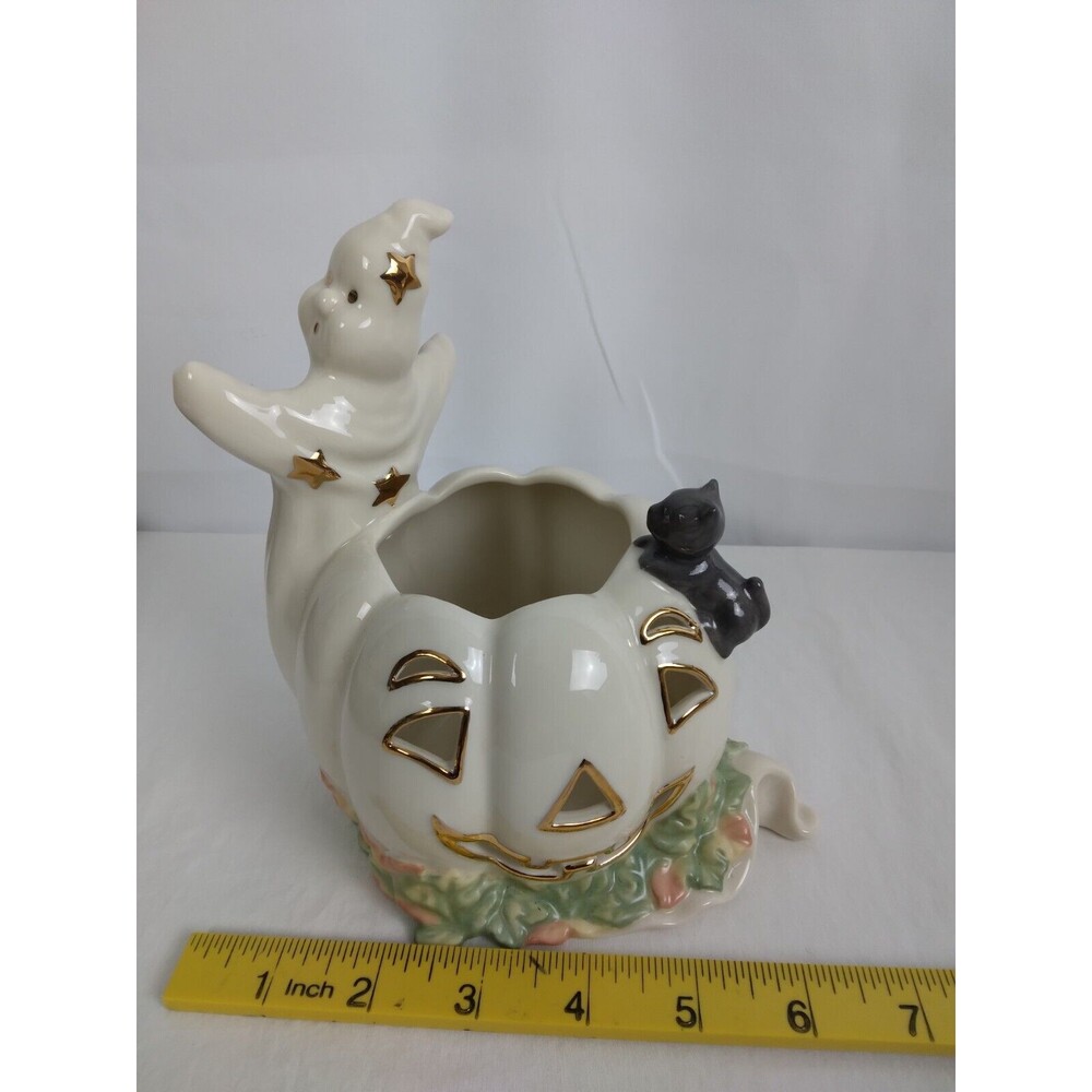 Lenox Occasions White Ghost with Pumpkin and Cat Votive Candle Holder - Picture 8 of 9